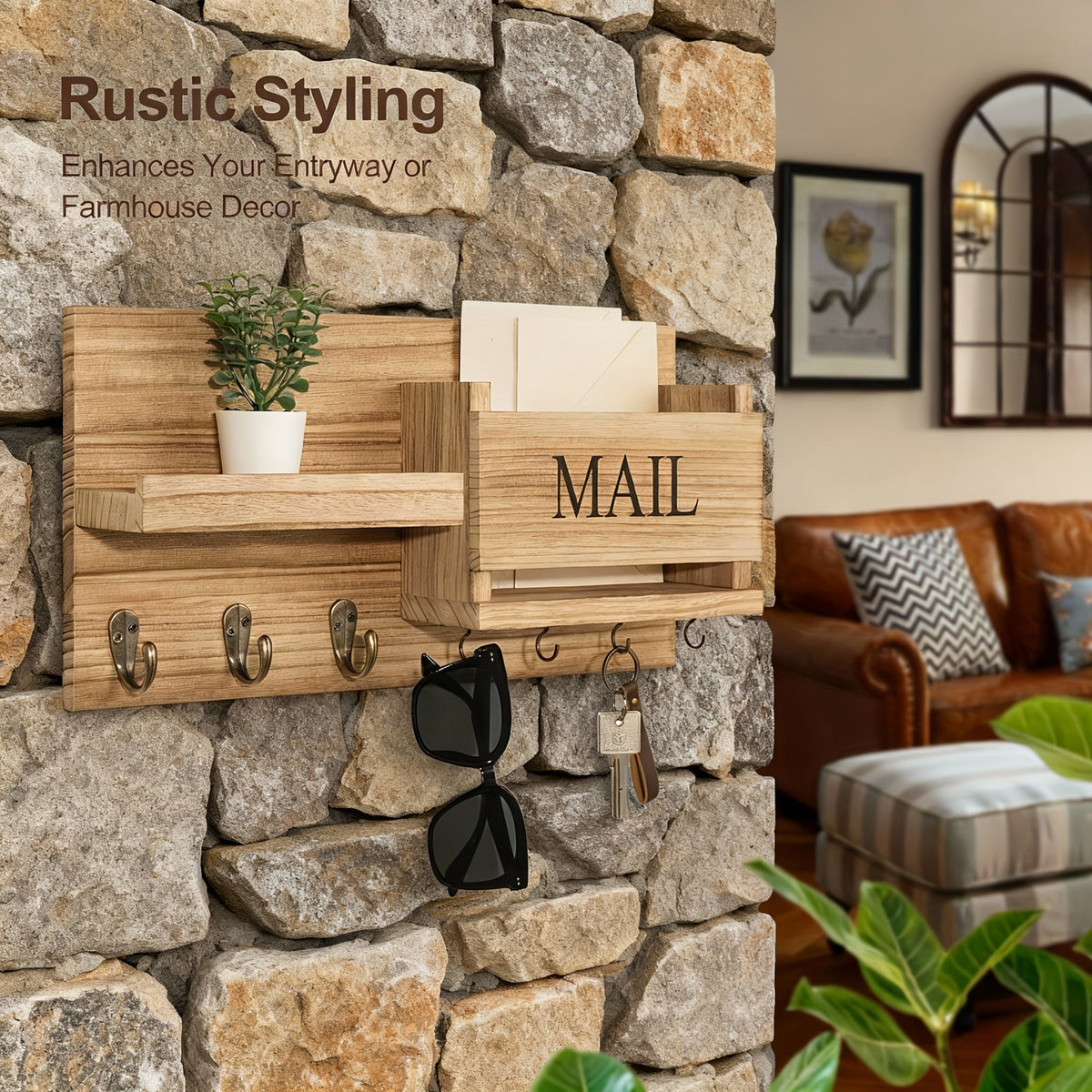 Vintage Wood Wall Organizer – Key Holder, Mail Rack & Coat Hooks
