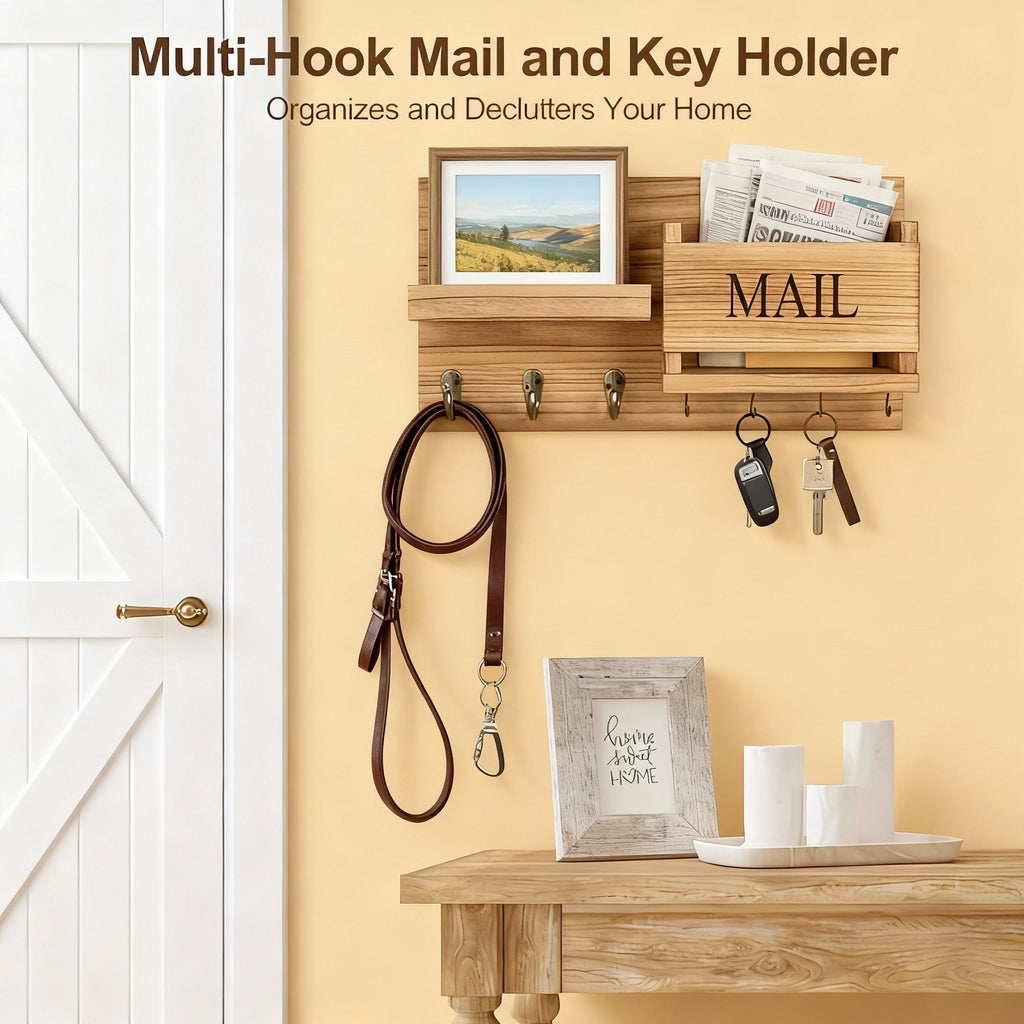 Vintage Wood Wall Organizer – Key Holder, Mail Rack & Coat Hooks