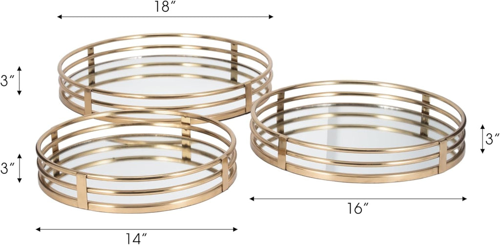 Round Mirrored Trays, Gold 3 Pc Set