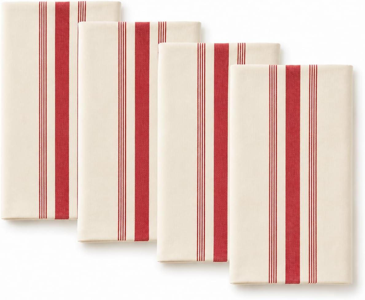 Cotton Cloth Napkins with Red Striped 20" X 20", Set of 4