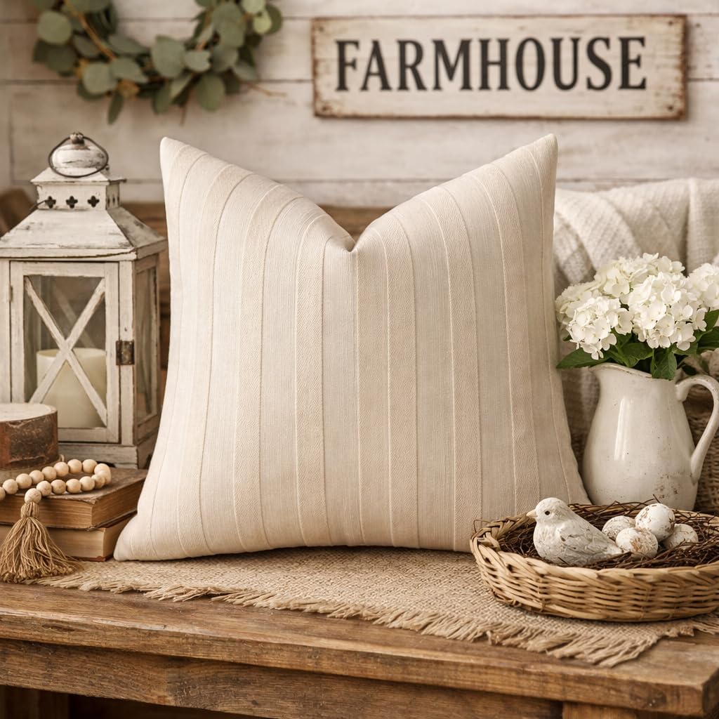 Light Beige Textured Striped Throw Pillow Cover 18" X 18" 2-Pack