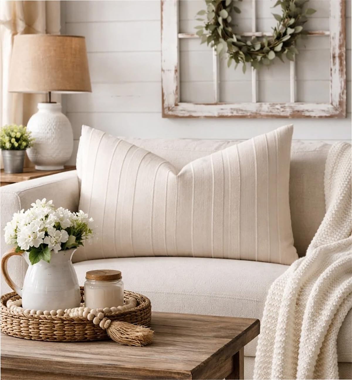 Light Beige Textured Striped Throw Pillow Cover 18" X 18" 2-Pack