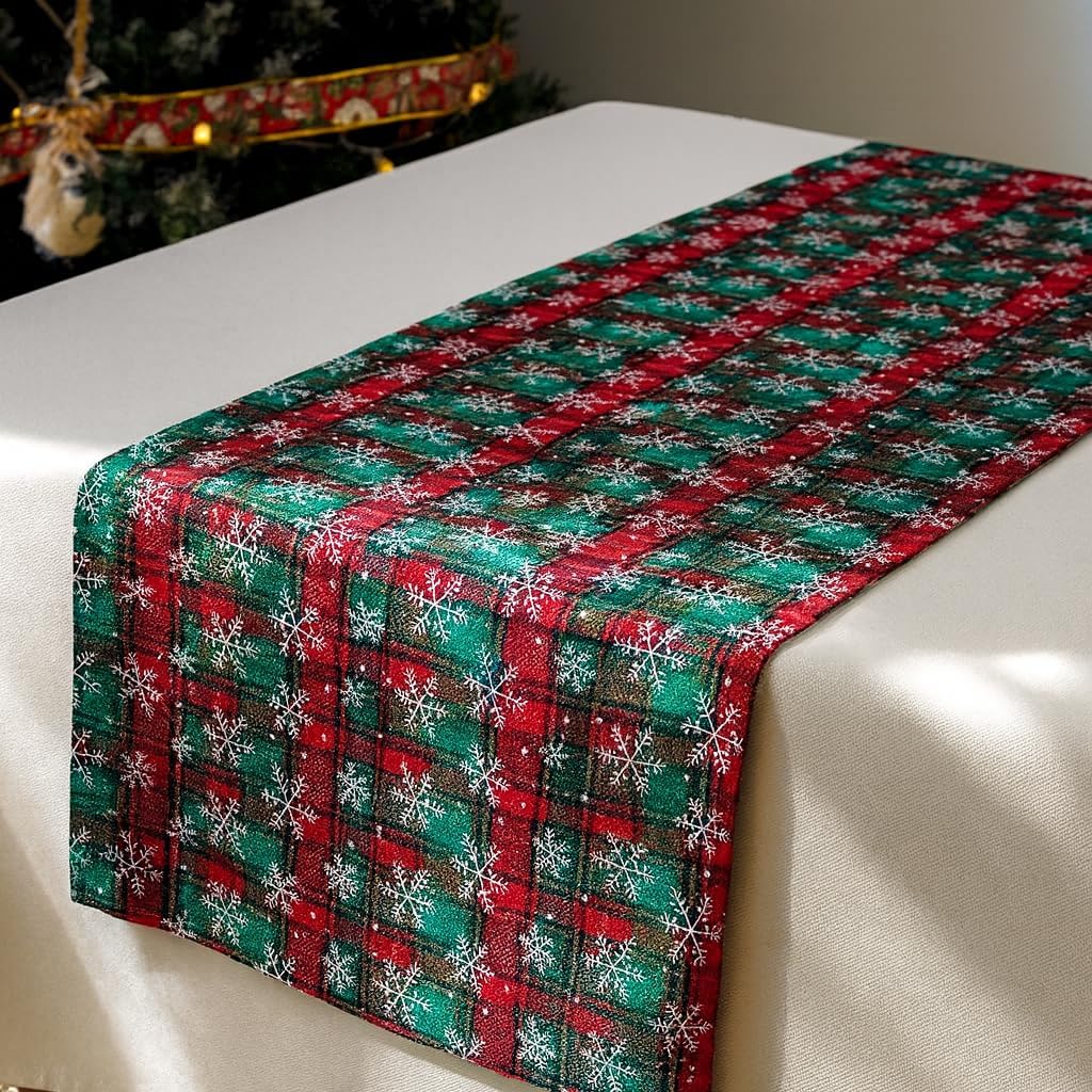 Plaid Christmas Table Runner with White Snowflakes 13" X 73"