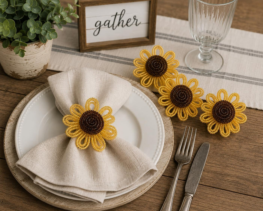 Beaded Sunflower Napkin Rings, Set of 4