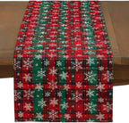 Plaid Christmas Table Runner with White Snowflakes 13" X 73"