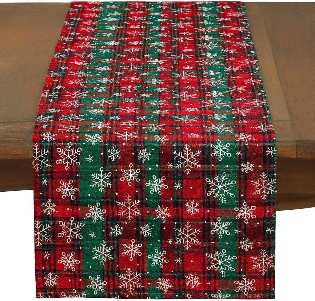 Plaid Christmas Table Runner with White Snowflakes 13" X 73"