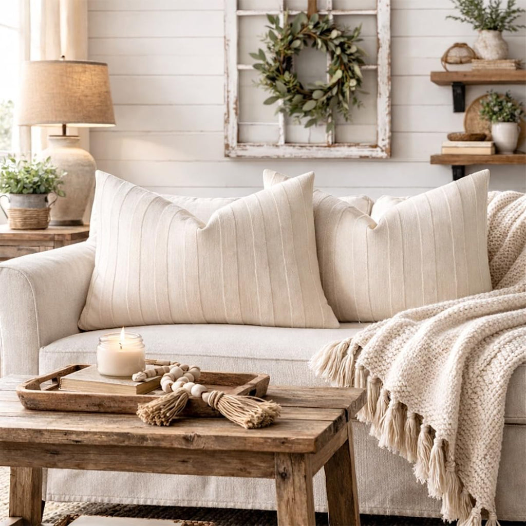 Light Beige Textured Striped Throw Pillow Cover 18" X 18" 2-Pack