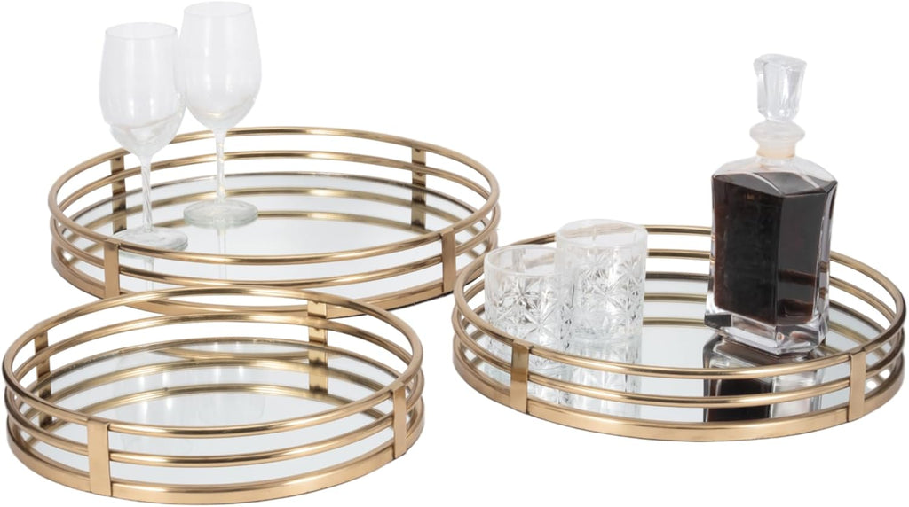 Round Mirrored Trays, Gold 3 Pc Set