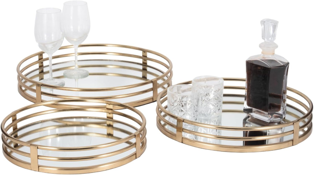 Round Mirrored Trays, Gold 3 Pc Set