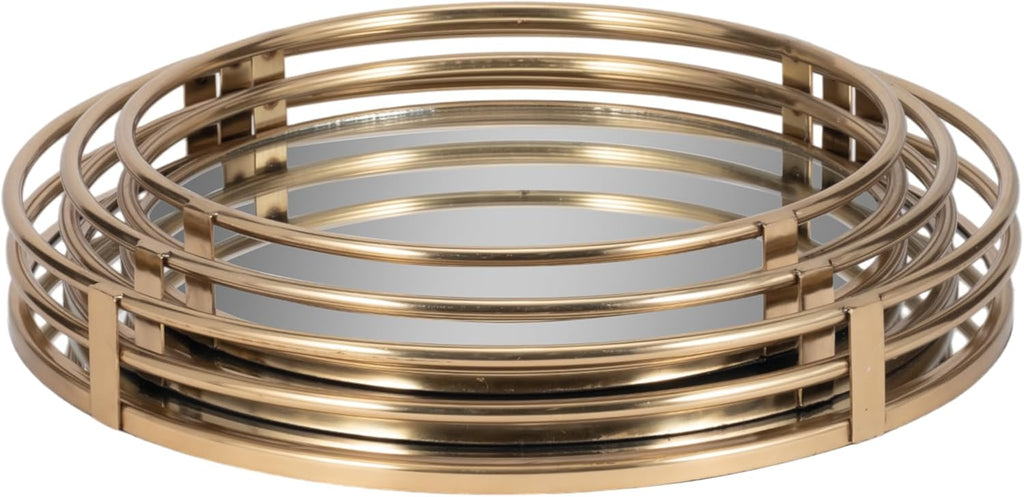 Round Mirrored Trays, Gold 3 Pc Set
