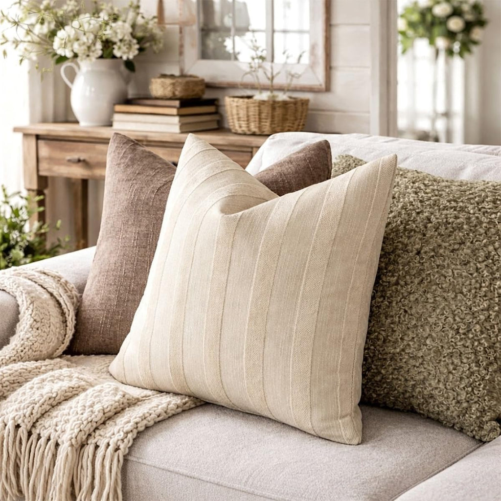 Light Beige Textured Striped Throw Pillow Cover 18" X 18" 2-Pack