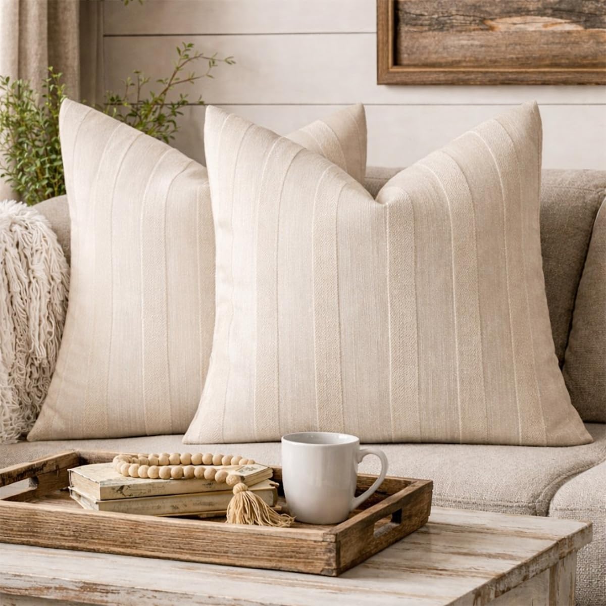 Light Beige Textured Striped Throw Pillow Cover 18" X 18" 2-Pack