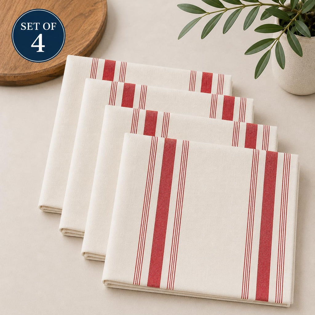 Cotton Cloth Napkins with Red Striped 20" X 20", Set of 4