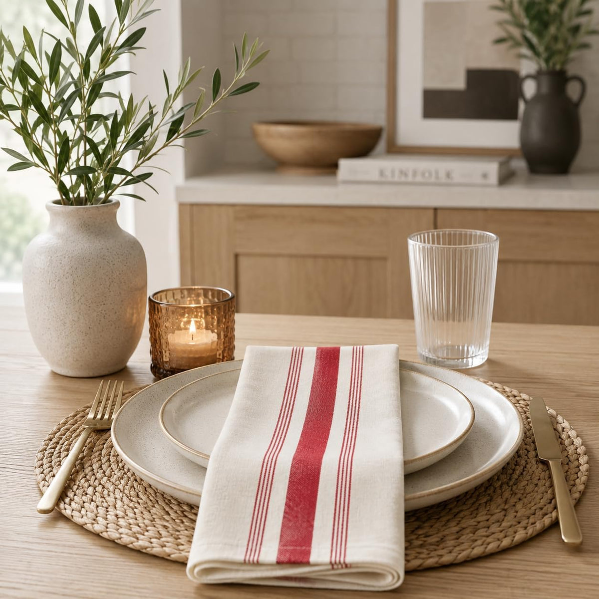 Cotton Cloth Napkins with Red Striped 20" X 20", Set of 4