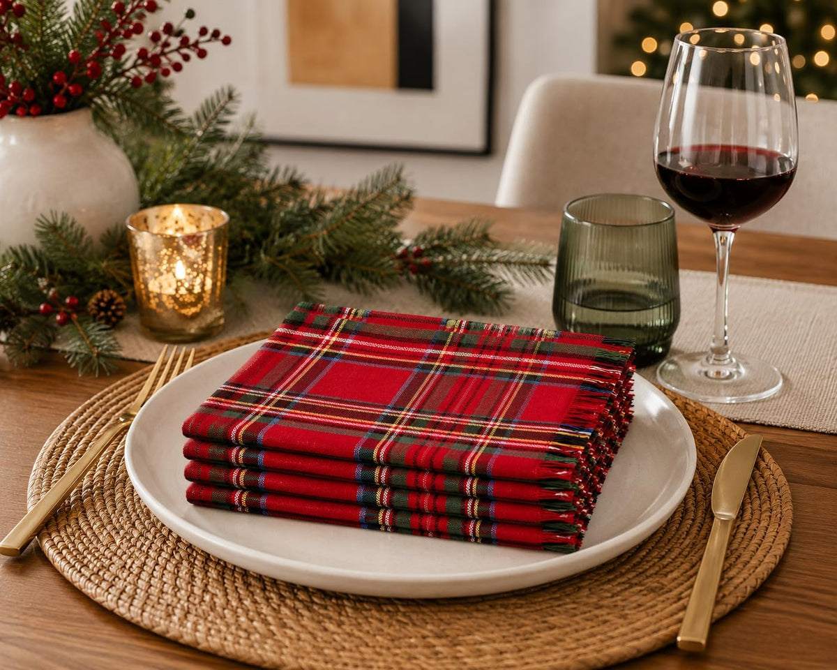 Christmas Tartan Cloth Napkins with Fringe 20" X 20", Set of 4