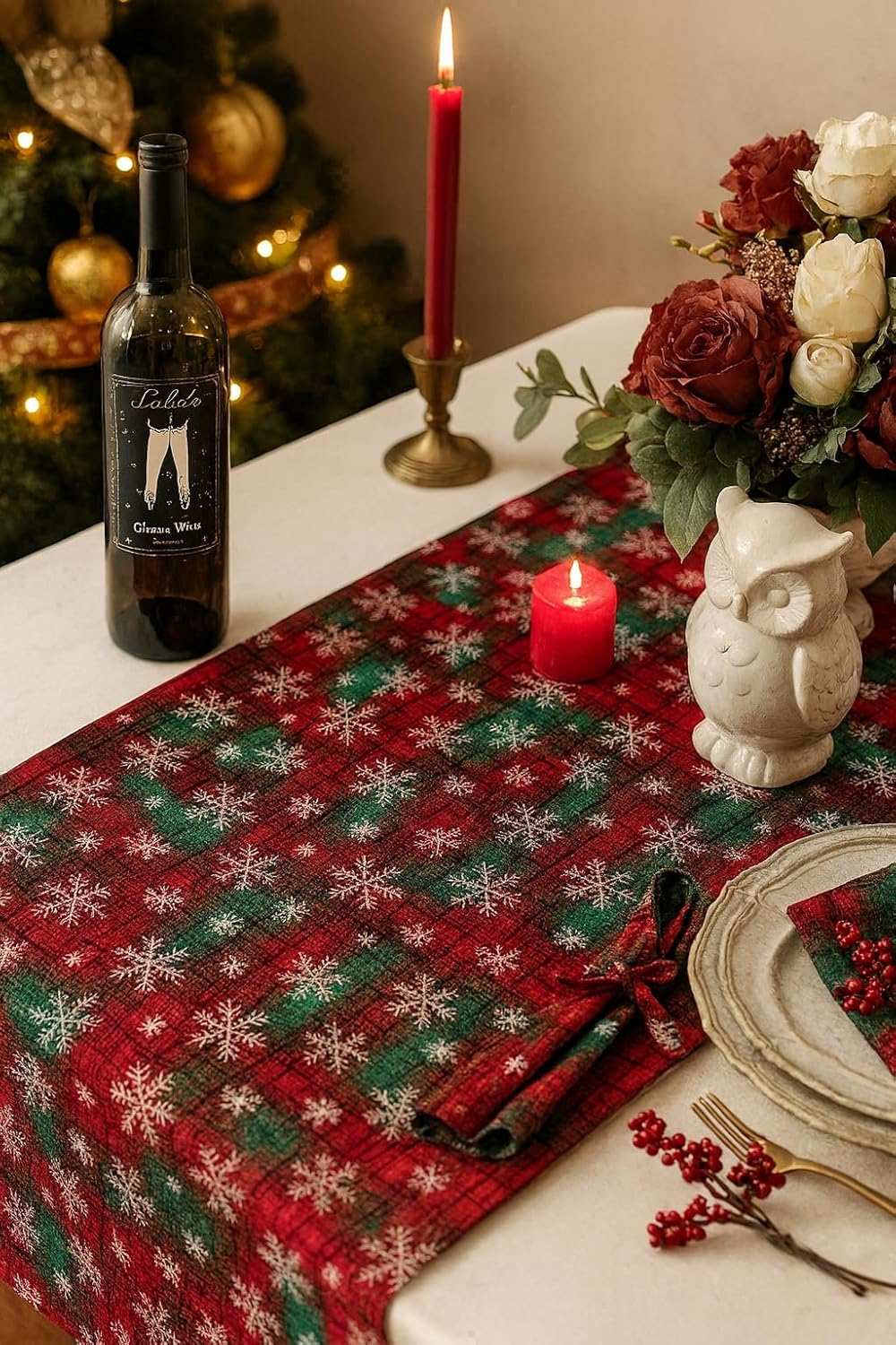Plaid Christmas Table Runner with White Snowflakes 13" X 73"