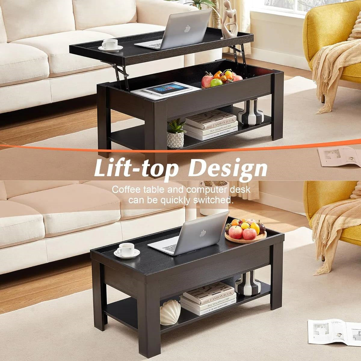 Modern Lift Top Coffee Table Black Wood Finish