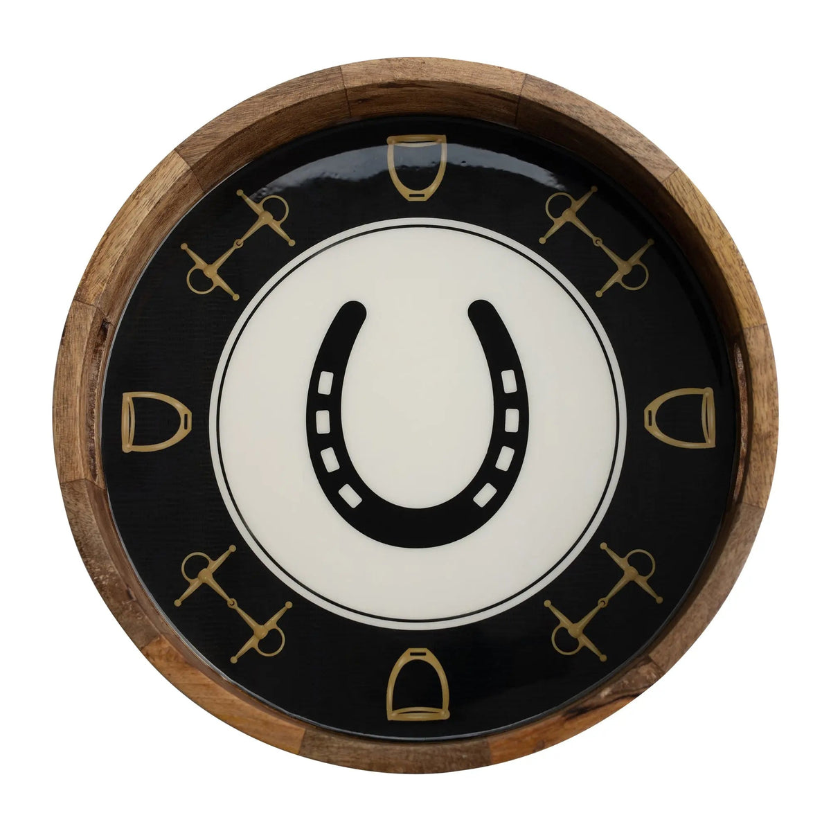 Huntley Equestrian Horseshoe and Bit Round Wooden Tray