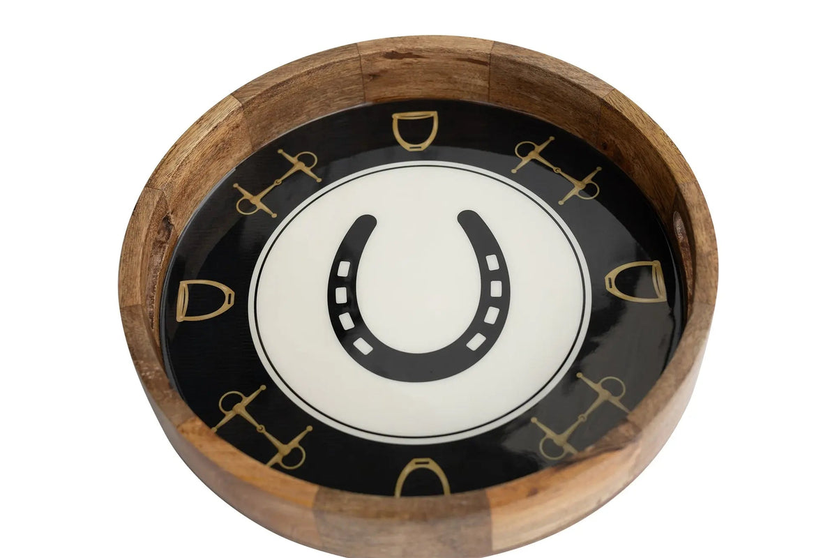 Huntley Equestrian Horseshoe and Bit Round Wooden Tray