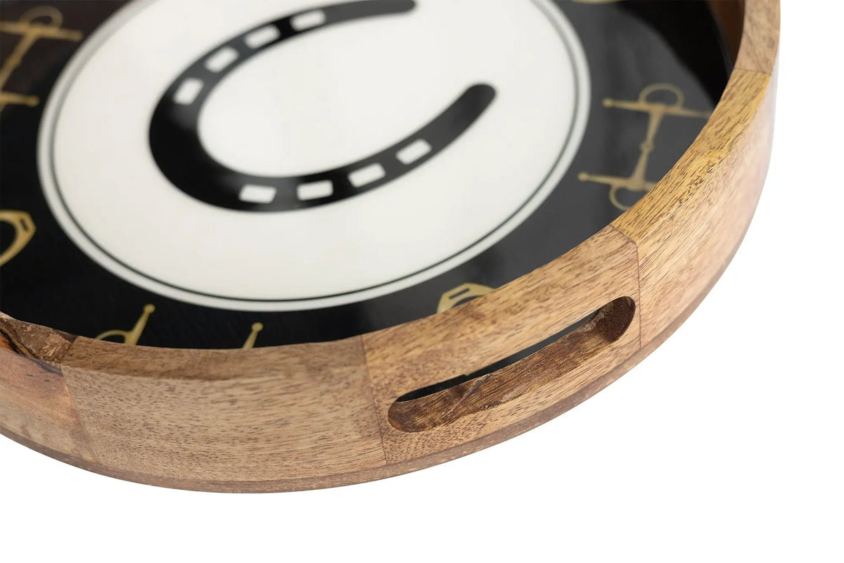 Huntley Equestrian Horseshoe and Bit Round Wooden Tray
